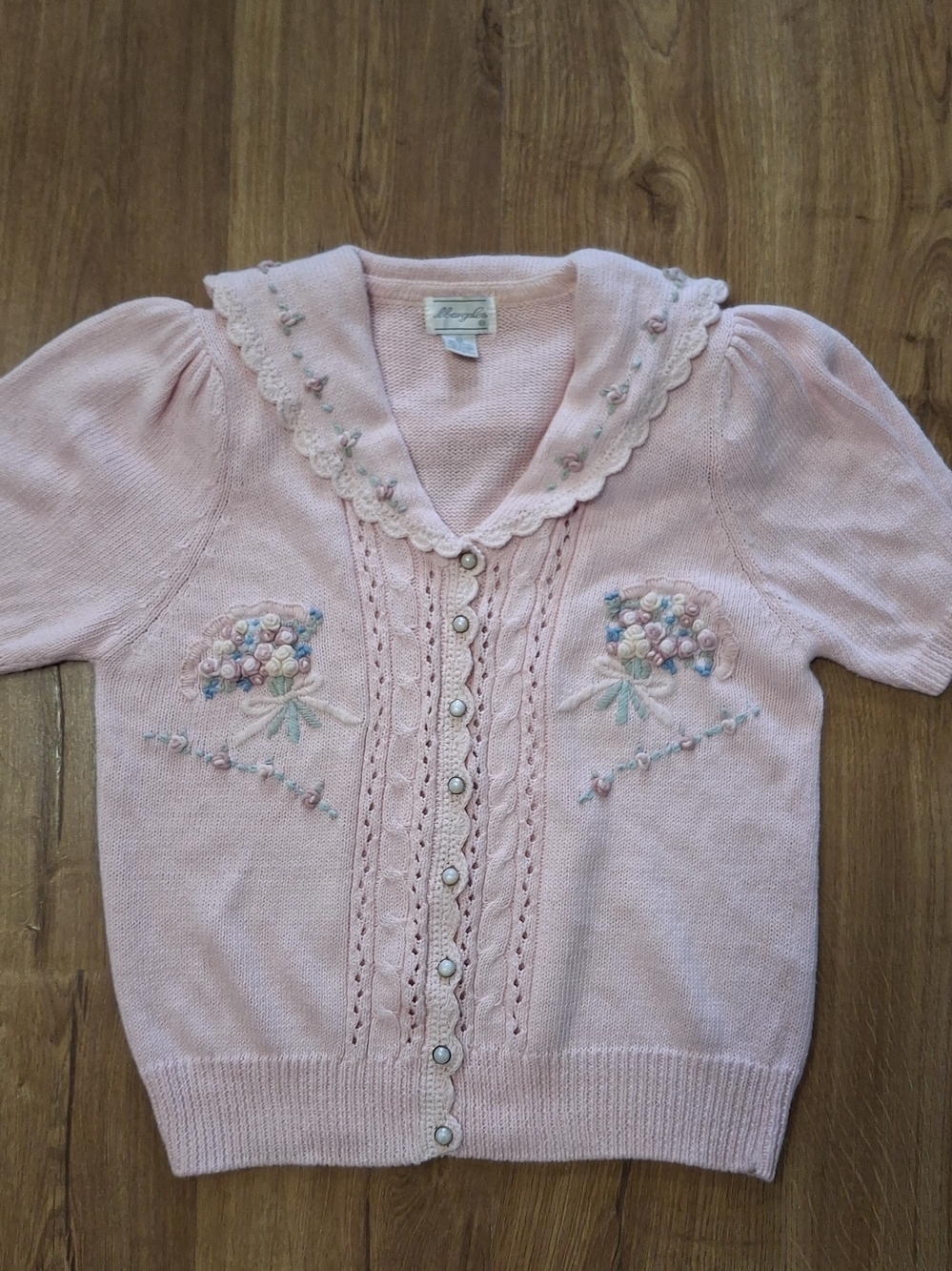 Vintage Margules Pink Embroidered Short-Sleeve Sweater Cardigan Sz M